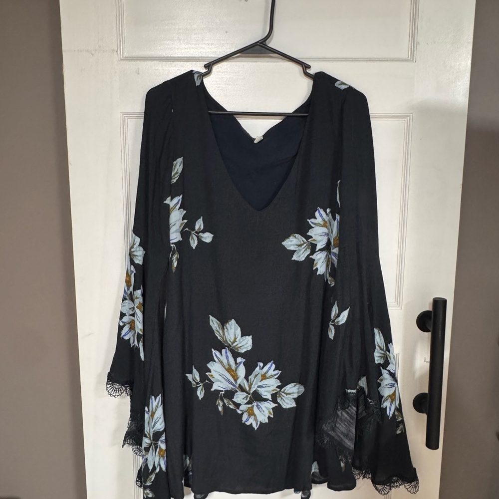Free People Navy and Baby Blue Asymmetrical Bell Sleeve Blouse